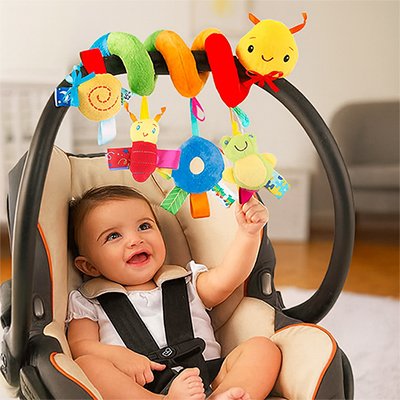 bebe atache dans un siege auto jou avec Spirale d'activité bébé abeille
