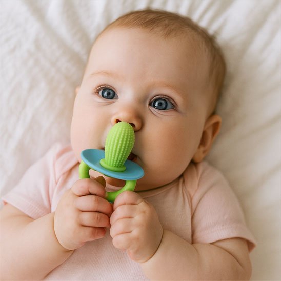 bebe attace un  Anneau de dentition vert avec ses mains