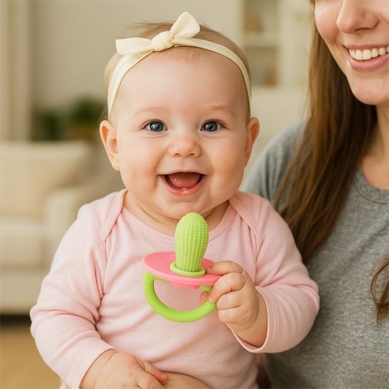 bebe fille avec sa maman  jou avec Anneau de dentition vert 