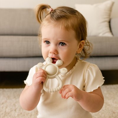bebe fille jou avec Anneau de dentition blanc