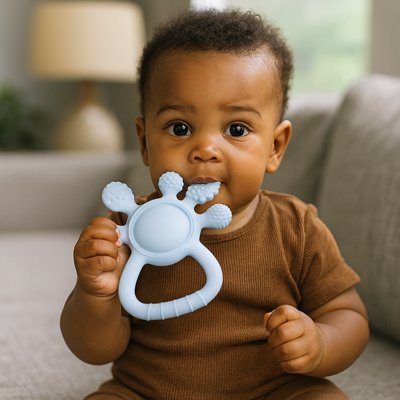 bebe garçon jou avec Anneau de dentition bleu