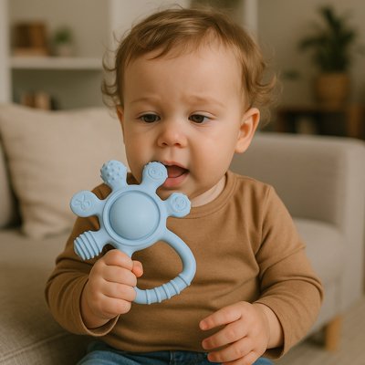 bebe garçon jou avec un Anneau de dentition bleu a sa bouche