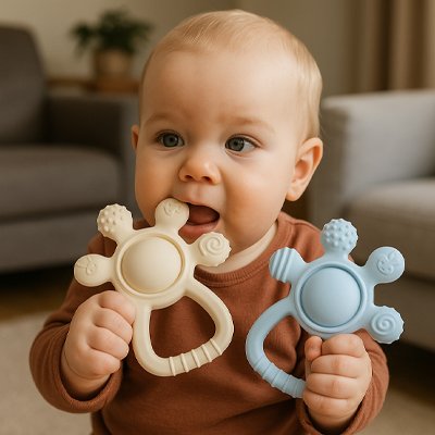 bebe garçon jou avec un Anneau de dentition bleu et blanc