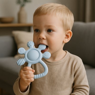 bebe garçon met un Anneau de dentition bleu a sa bouche