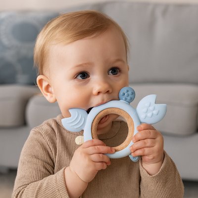 bébé garçon met un Anneau de dentition bleu dans sa bouche